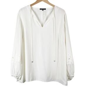 Lafayette 148 Women's Cream White Silk Popover Long Sleeve Blouse Size 2X V Neck